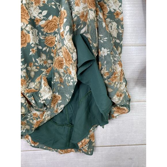 Saints + Secrets Dress M Green Floral Deep V Mini Long Slv Open Lace Up Ruffle - Picture 7 of 11
